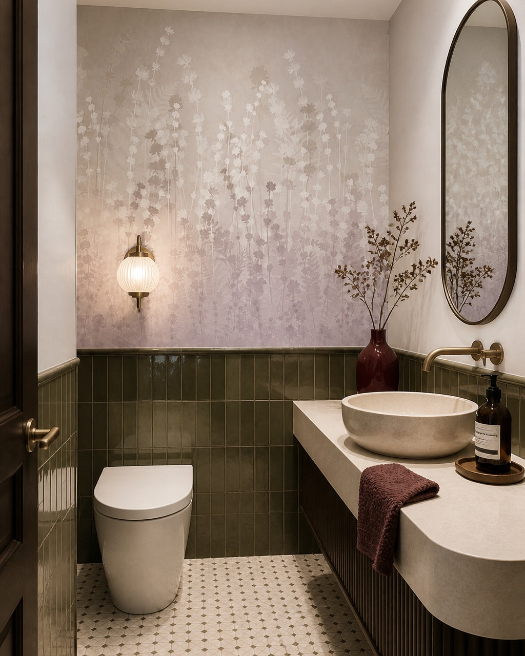 Lavender field wallpaper in an elegant powder room.