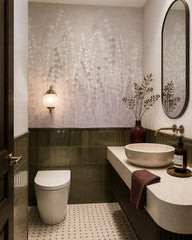 Lavender field wallpaper in an elegant powder room.