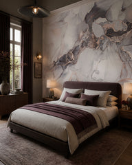 Smoky quartz & rose gold geode wall mural in a designer bedroom.