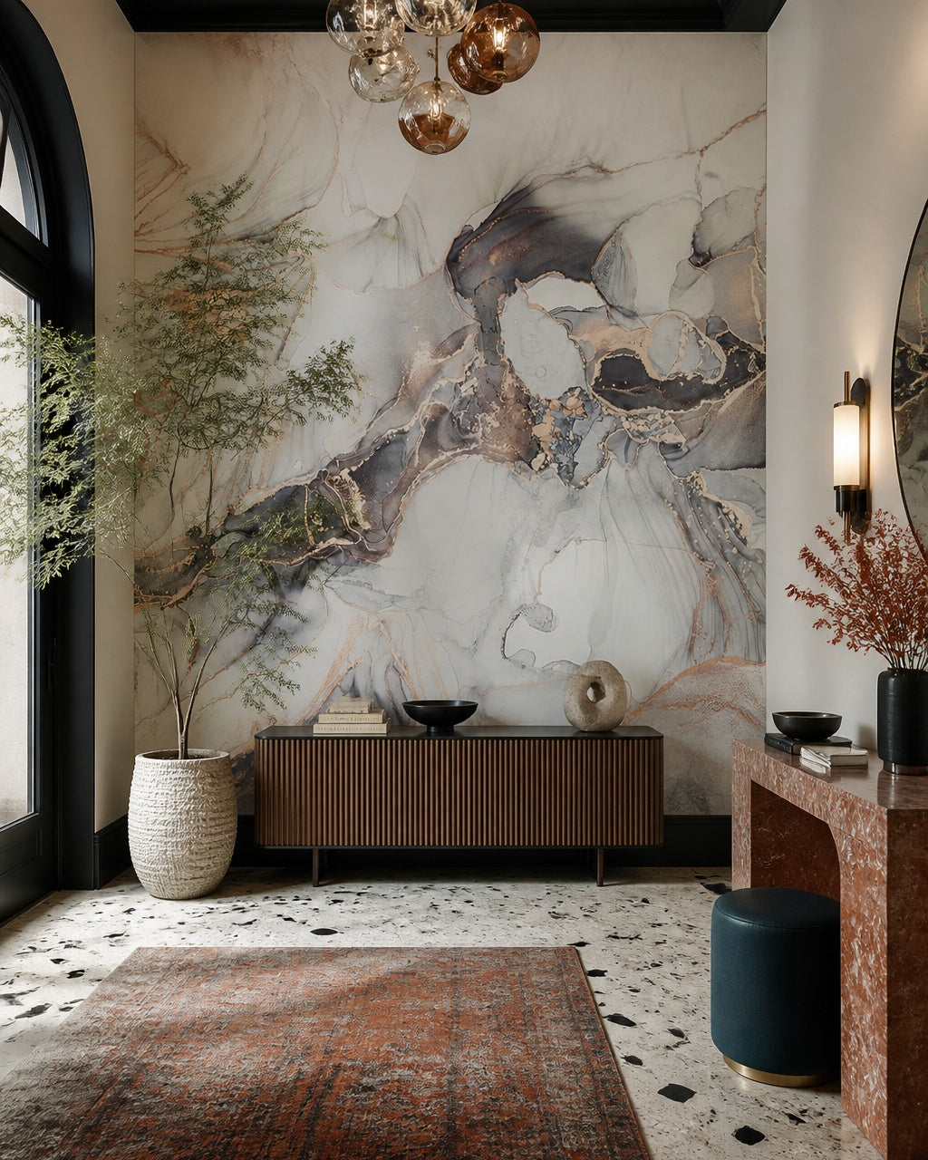 Smoky quartz & rose gold geode wall mural in a refined foyer.