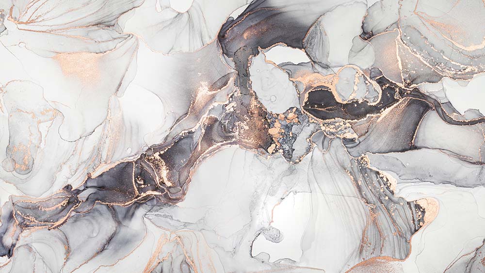 Rookkwarts en roségoud – abstracte geode muurschildering