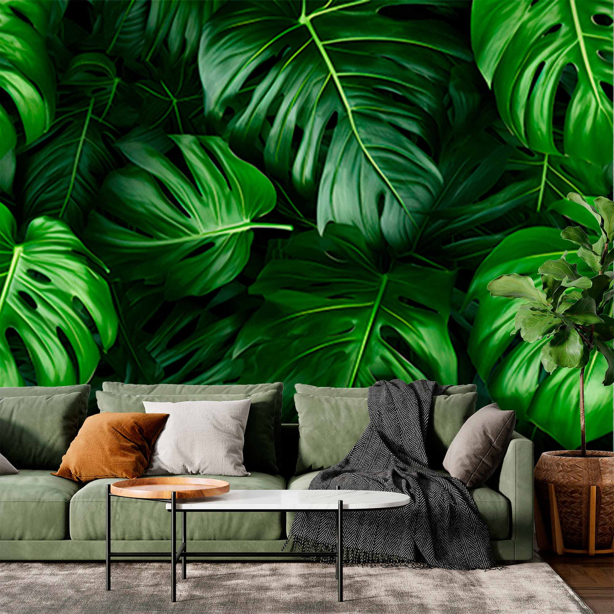 Papier peint feuilles de monstera – Papier peint panoramique feuillage tropical vert luxuriant
