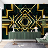 Luxurious Art Deco Geometric Patterns with Gold Accents on Dark Background Wallpaper