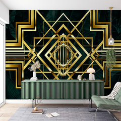 Custom Luxurious Art Deco Geometric Patterns with Gold Accents on Dark Background Wallpaper