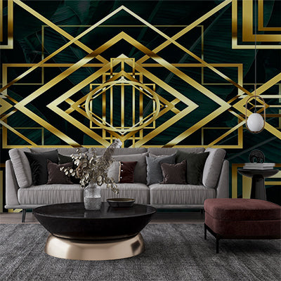 Luxurious Art Deco Geometric Patterns with Gold Accents on Dark Background Wallpaper