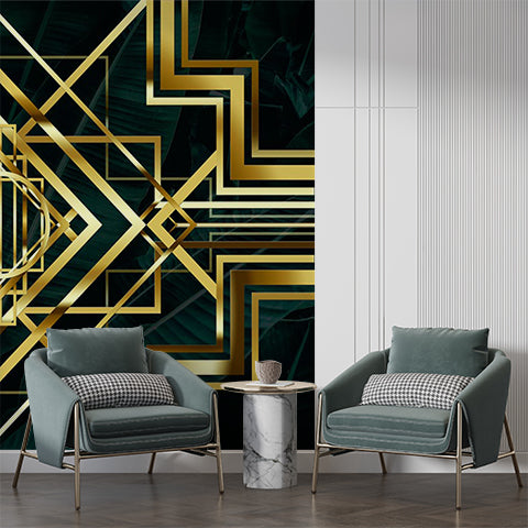 Luxurious Art Deco Geometric Patterns with Gold Accents on Dark Background Wallpaper