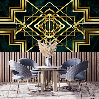 Luxurious Art Deco Geometric Patterns with Gold Accents on Dark Background Wallpaper