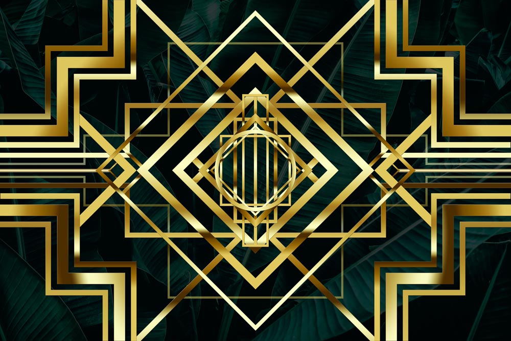 Luxurious Art Deco Geometric Patterns with Gold Accents on Dark Background Wallpaper