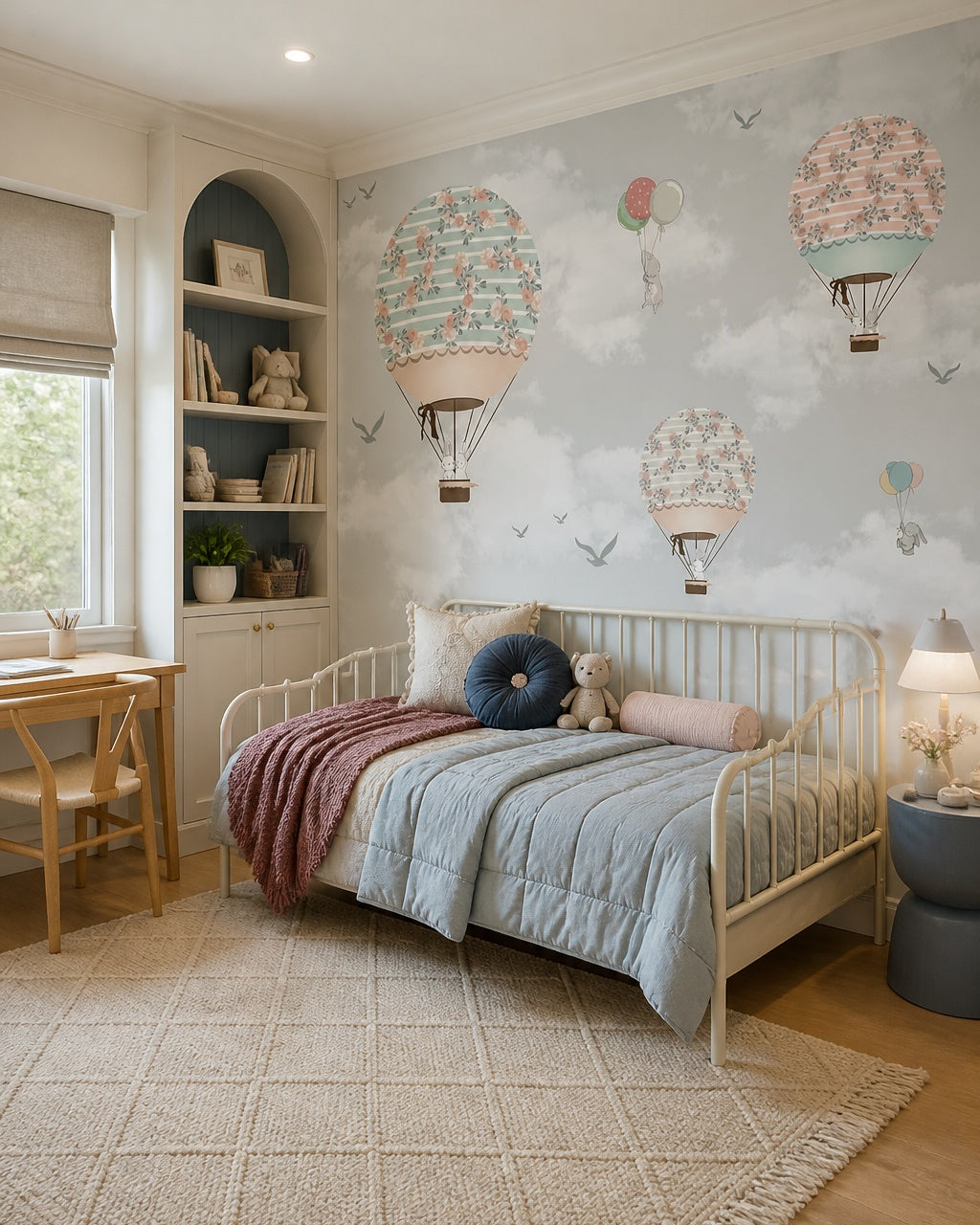 Rose garden hot air balloons wallpaper in a girl’s bedroom.