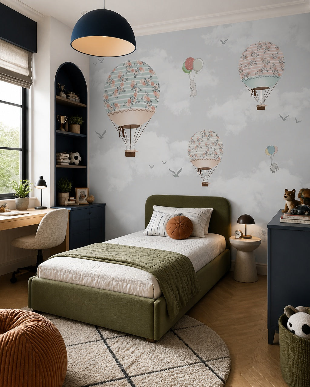 Rose garden hot air balloons wallpaper in a boy’s bedroom.