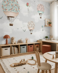 Rose garden hot air balloons wallpaper in a children’s playroom.