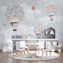 Custom Kids Wall Murals Flowers Blossom Hot Air Balloons Sky Adventure