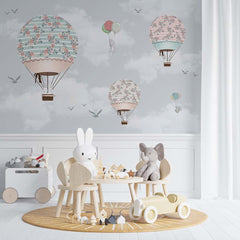 Custom Kids Wall Murals Flowers Blossom Hot Air Balloons Sky Adventure