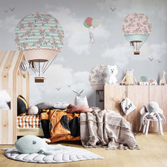 Custom Kids Wall Murals Flowers Blossom Hot Air Balloons Sky Adventure