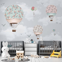 Custom Kids Wall Murals Flowers Blossom Hot Air Balloons Sky Adventure