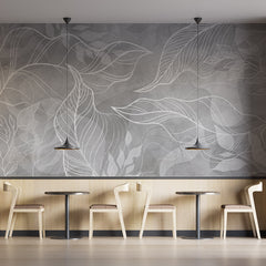 Custom Minimalist Leaf Line Art Wallpaper Easy Install Gray Botanical Mural