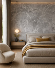Grey leaf line art wallpaper in a designer bedroom.