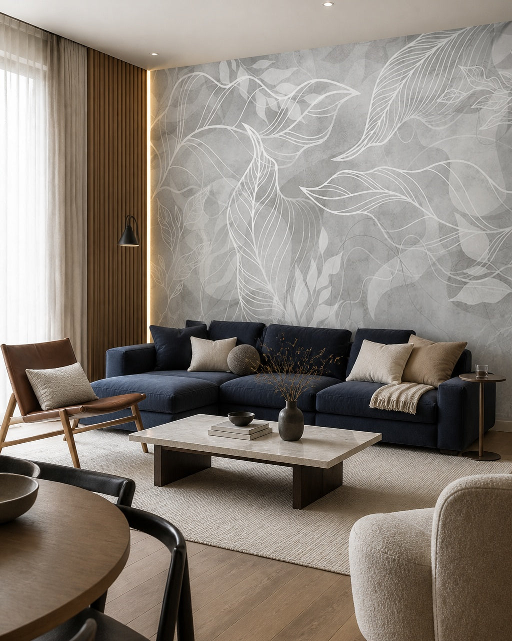 Grey leaf line art wallpaper in a designer living room.