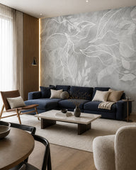 Grey leaf line art wallpaper in a designer living room.