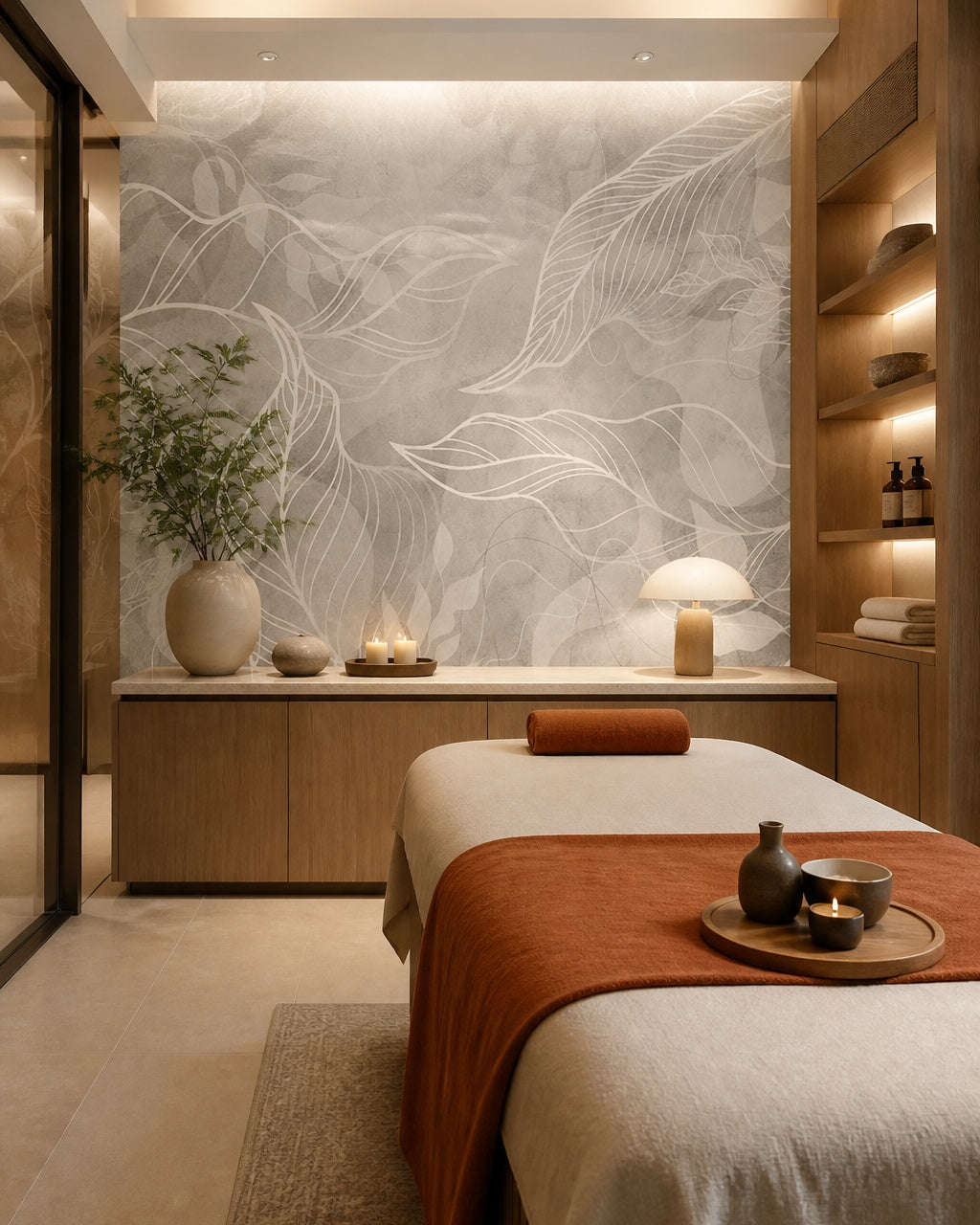 Grey leaf line art wallpaper in a wellness spa.