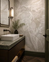 Grey leaf line art wallpaper in an elegant powder room.