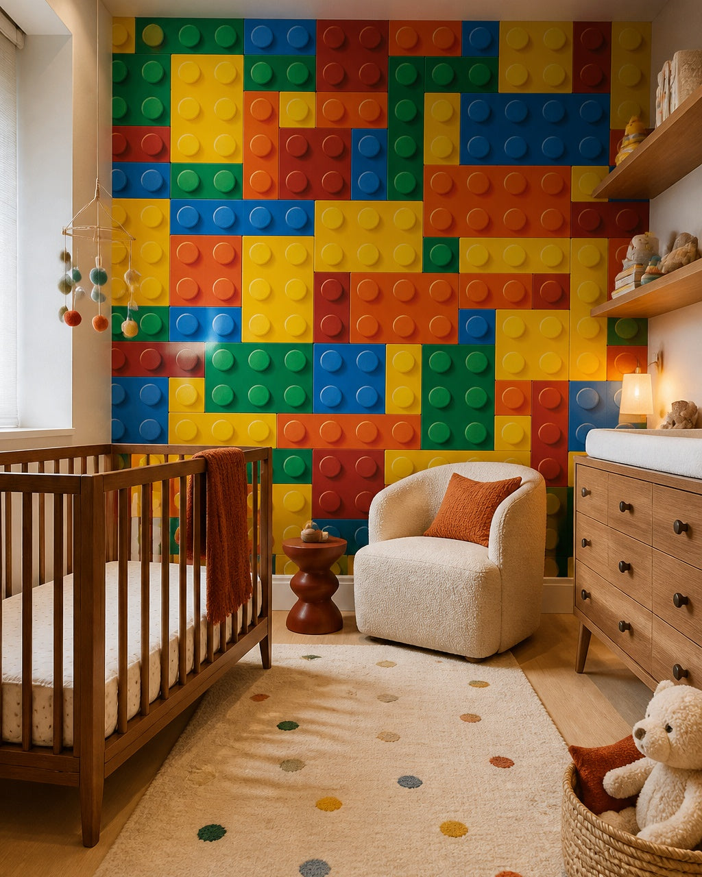 Colorful building blocks wallpaper in a modern nursery with a crib.