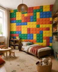 Colorful building blocks wallpaper in a toddler bedroom with a child-sized bed.