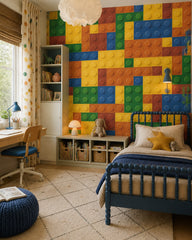 Colorful building blocks wallpaper in a girl’s bedroom.