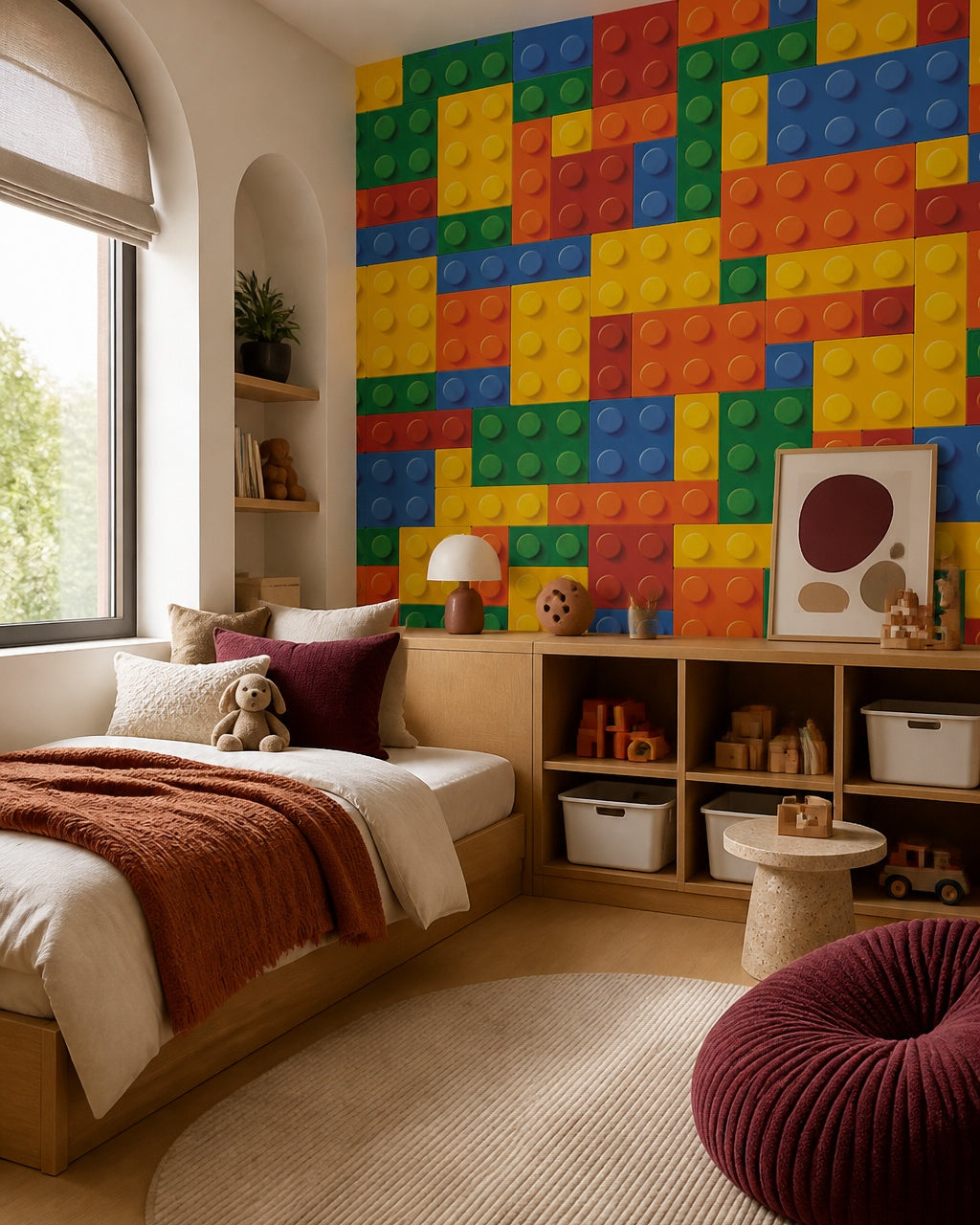 Colorful building blocks wallpaper in a boy’s bedroom.