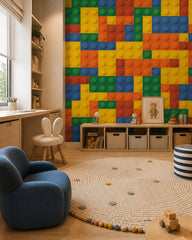 Colorful building blocks wallpaper in a children’s playroom.