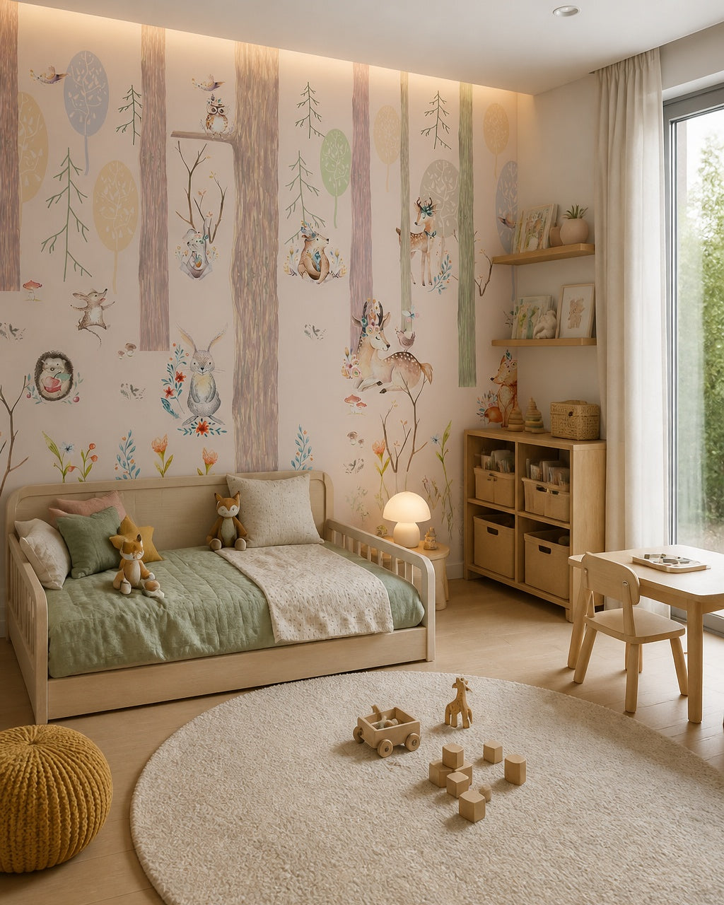 Pastel woodland wallpaper in a toddler bedroom with a child-sized bed.