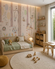 Pastel woodland wallpaper in a toddler bedroom with a child-sized bed.