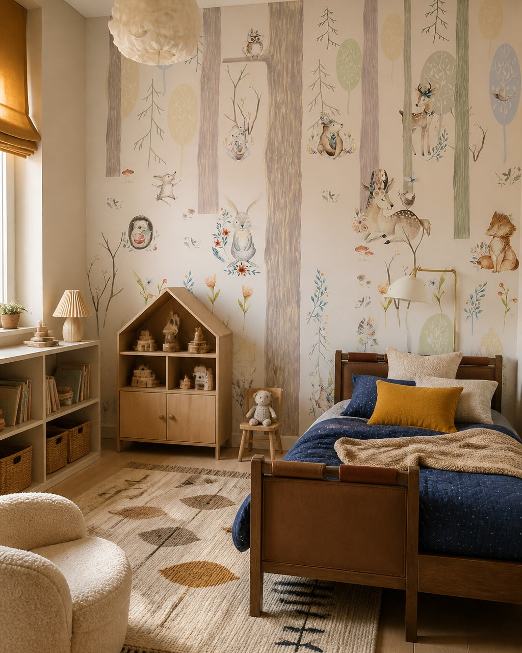 Pastel woodland wallpaper in a girl’s bedroom.