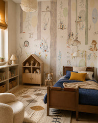 Pastel woodland wallpaper in a girl’s bedroom.