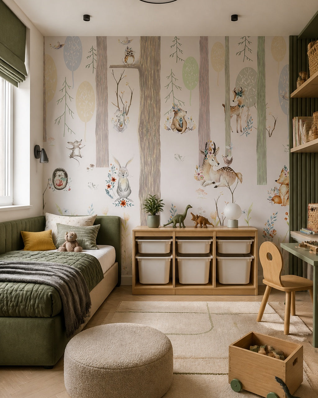 Pastel woodland wallpaper in a boy’s bedroom.