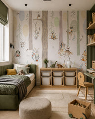 Pastel woodland wallpaper in a boy’s bedroom.