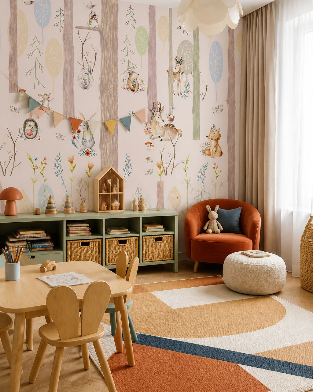 Pastel woodland wallpaper in a children’s playroom.