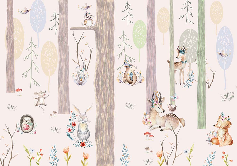 Kids Wall Mural Woodland Animals Trees Scandinavian Nursery Wallpaper