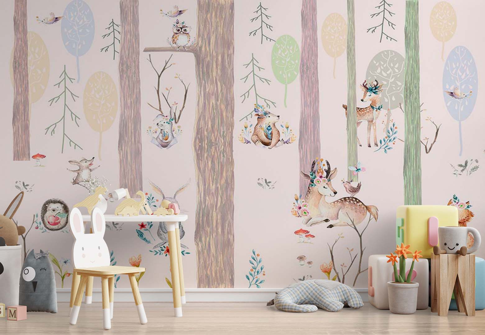 Kids Wall Mural Woodland Animals Trees Scandinavian Nursery Wallpaper