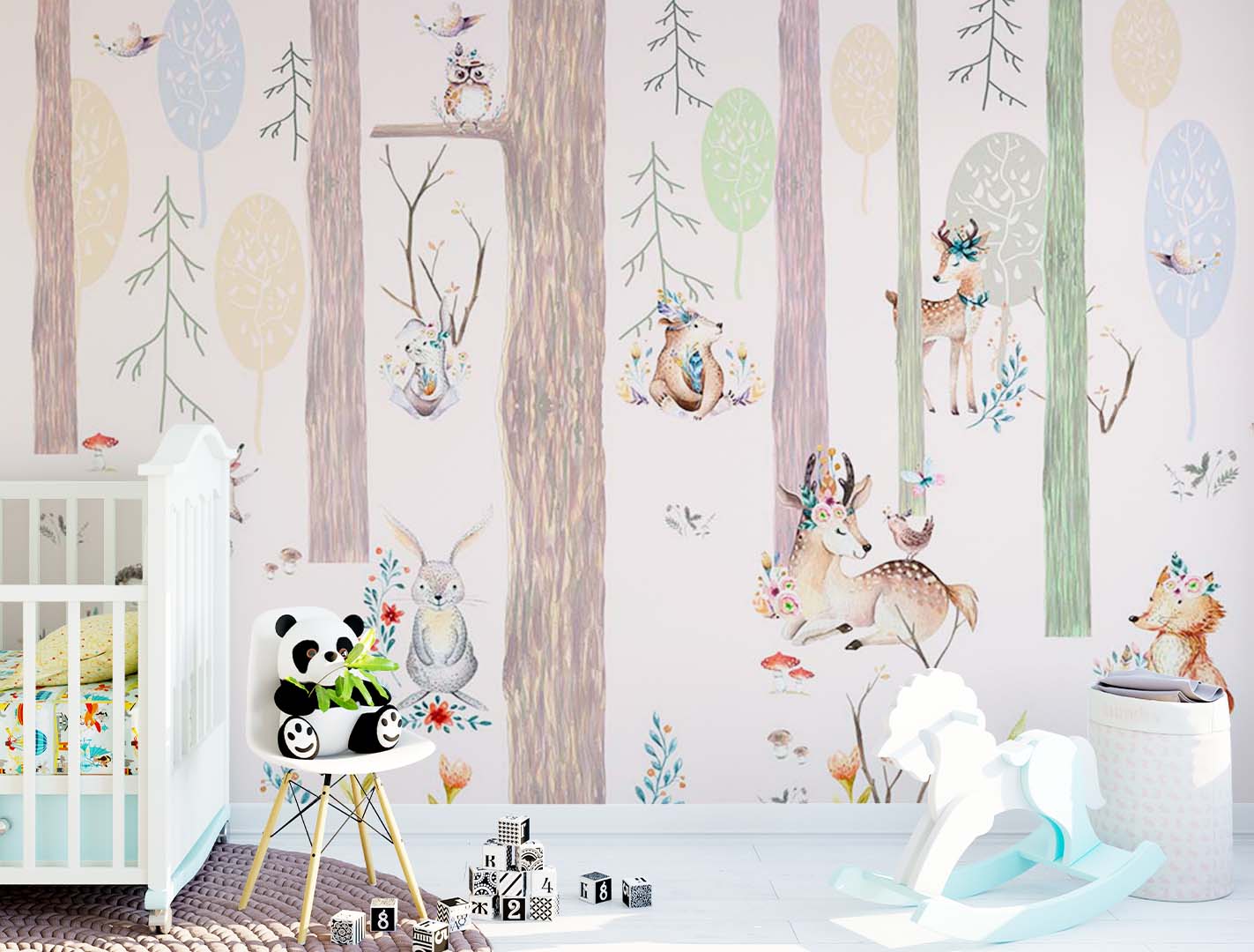 Kids Wall Mural Woodland Animals Trees Scandinavian Nursery Wallpaper