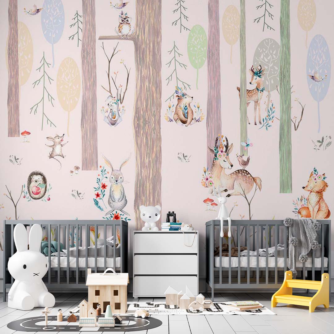 Kids Wall Mural Woodland Animals Trees Scandinavian Nursery Wallpaper