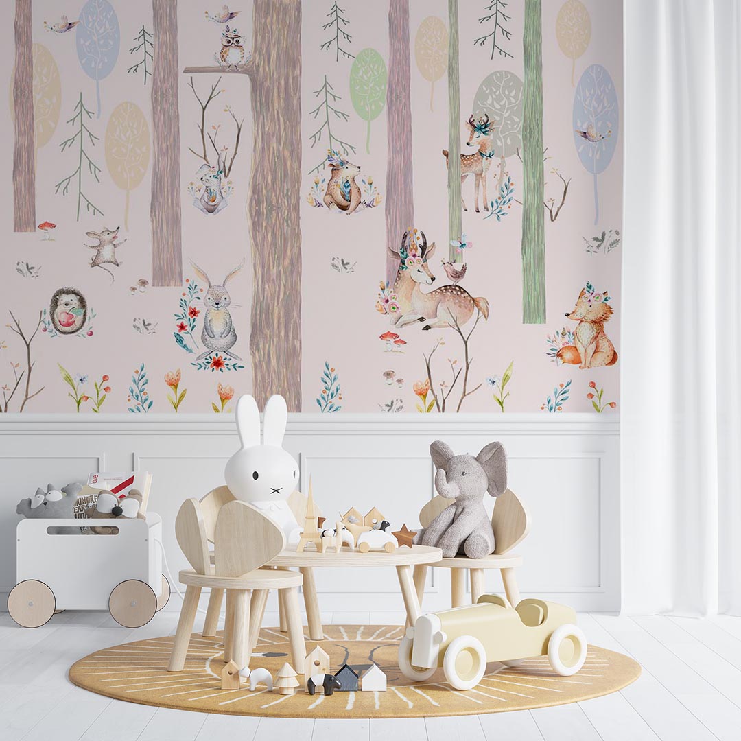 Kids Wall Mural Woodland Animals Trees Scandinavian Nursery Wallpaper