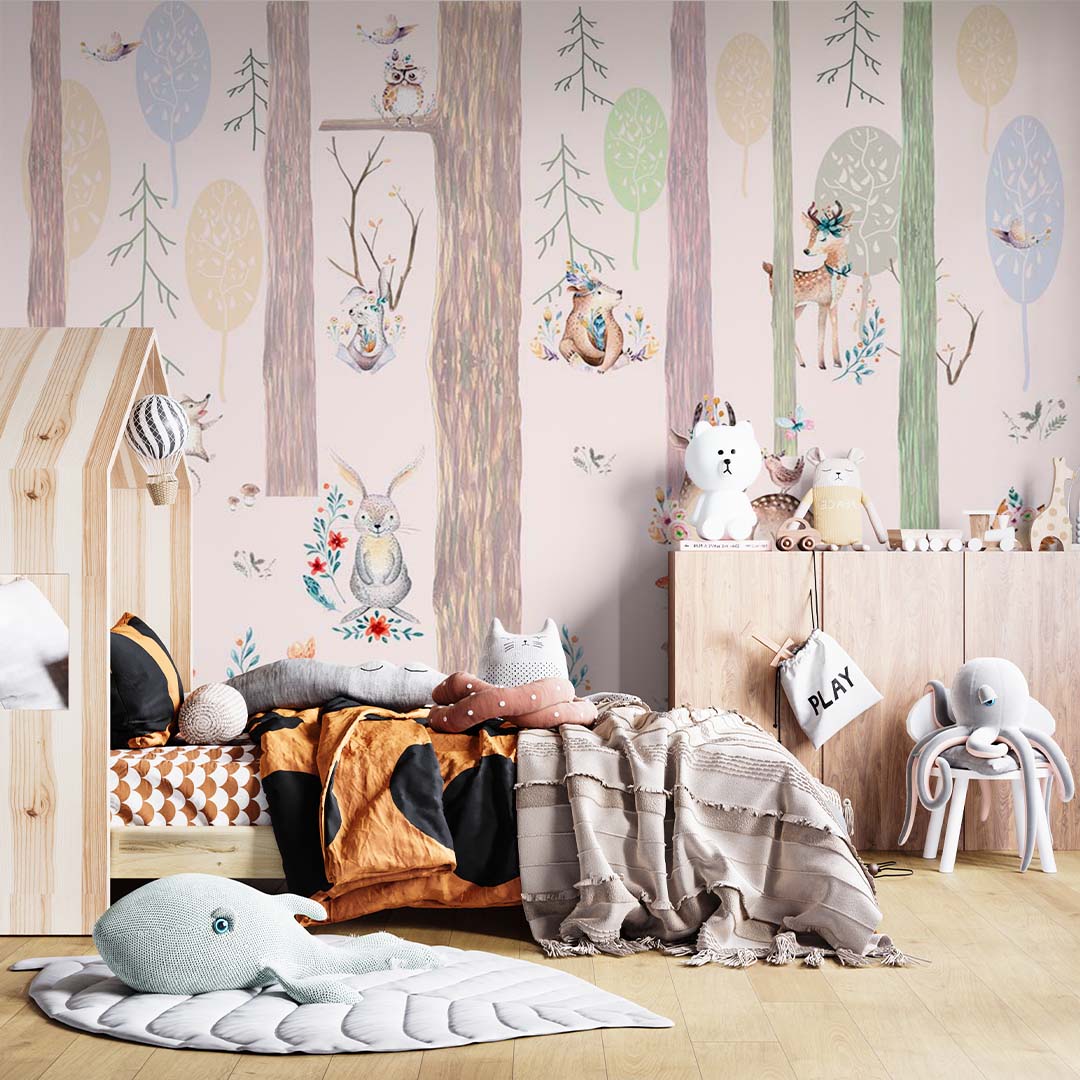 Kids Wall Mural Woodland Animals Trees Scandinavian Nursery Wallpaper