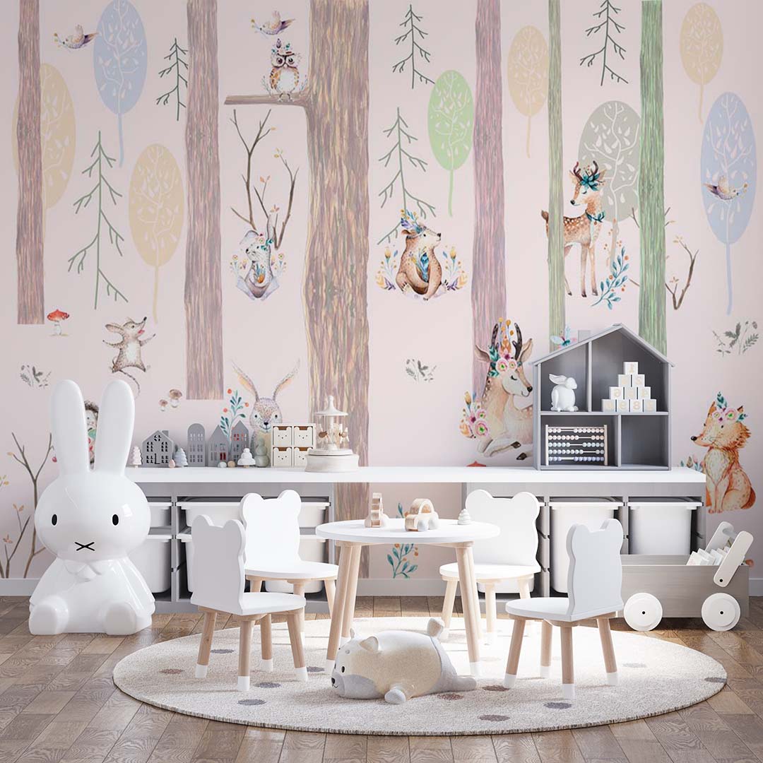 Kids Wall Mural Woodland Animals Trees Scandinavian Nursery Wallpaper