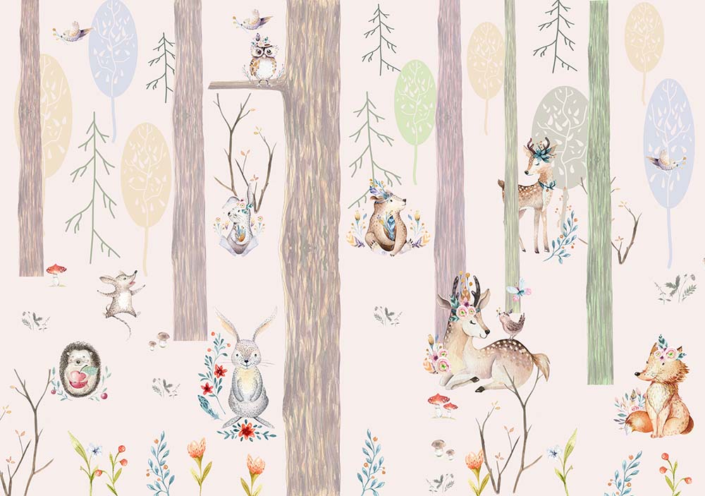 Papier peint forêt pastel – Papier peint panoramique enfant scandinave avec cerf et renard