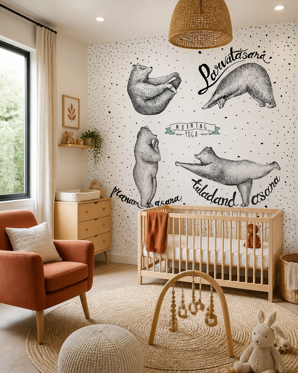 Yoga asana bears wallpaper in a modern nursery with a crib.