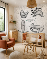 Yoga asana bears wallpaper in a modern nursery with a crib.