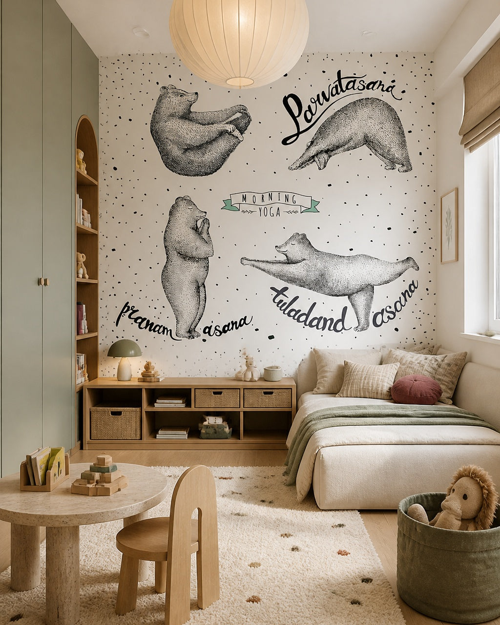 Yoga asana bears wallpaper in a toddler bedroom with a child-sized bed.