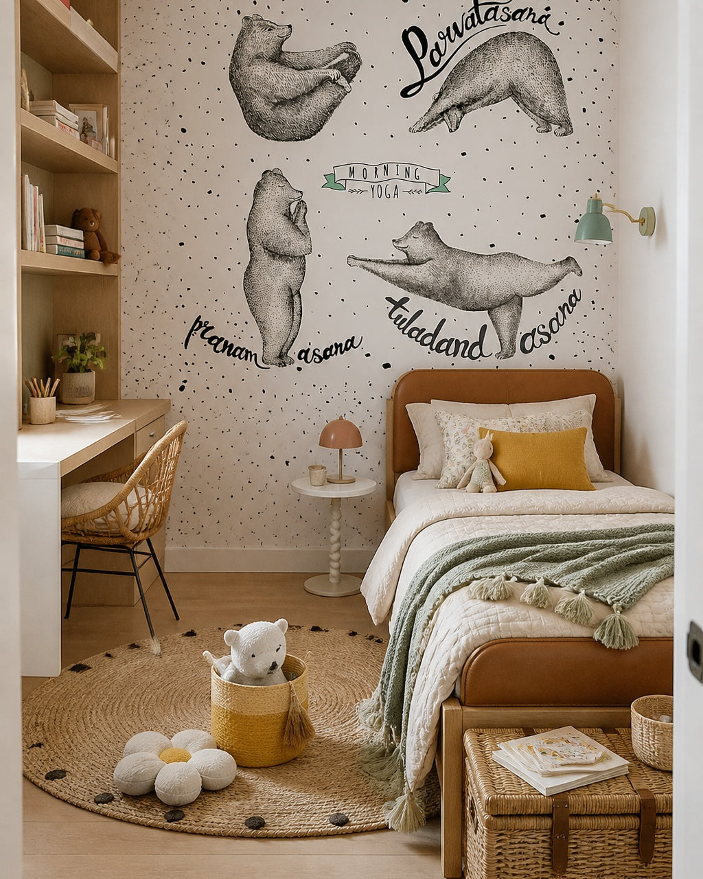Yoga asana bears wallpaper in a girl’s bedroom.