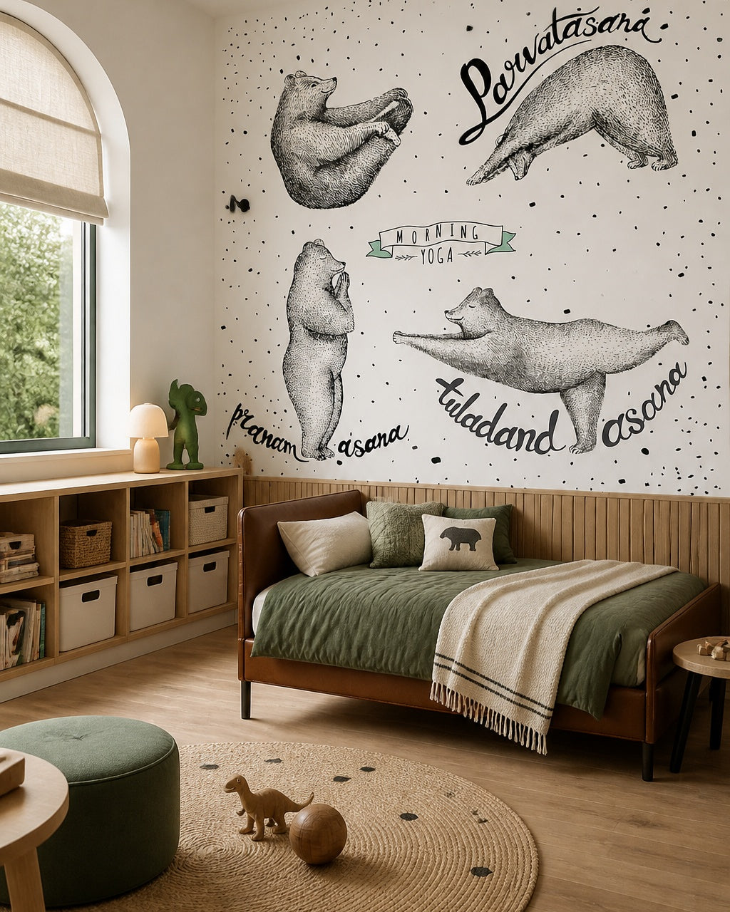 Yoga asana bears wallpaper in a boy’s bedroom.